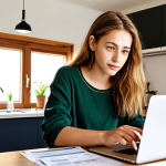 **

A young woman at a kitchen table reviewing bank statements and a laptop, highlighting a section about "ethical guidelines".  The scene should feel bright and conscientious.  Maybe a reusable coffee cup is nearby.  Focus on conveying the idea of "small steps, big impact" in finance.  Keywords:  Ethical banking, sustainable finance, responsible investing, eco-conscious, German millennial, financial awareness.

**