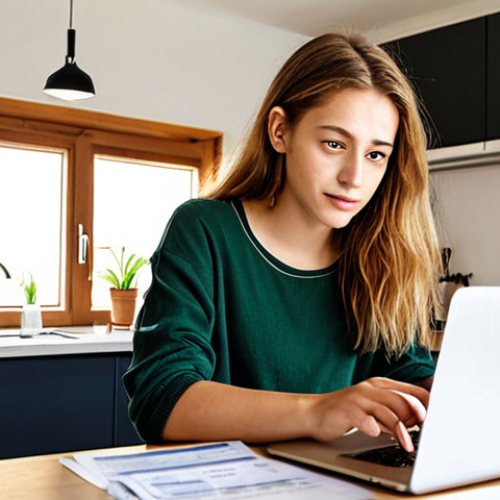 Home 11 **
A young woman at a kitchen table reviewing bank statements and a laptop, highlighting a section about "ethical guidelines". The scene should feel bright and conscientious. Maybe a reusable coffee cup is nearby. Focus on conveying the idea of "small steps, big impact" in finance. Keywords: Ethical banking, sustainable finance, responsible investing, eco-conscious, German millennial, financial awareness.
**