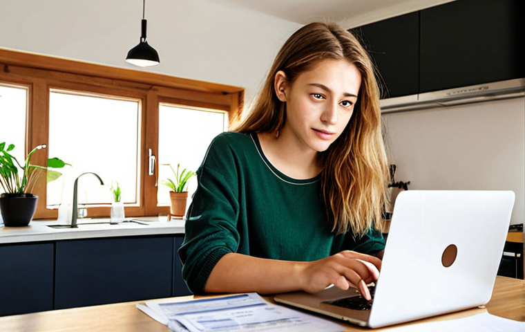 **
A young woman at a kitchen table reviewing bank statements and a laptop, highlighting a section about "ethical guidelines". The scene should feel bright and conscientious. Maybe a reusable coffee cup is nearby. Focus on conveying the idea of "small steps, big impact" in finance. Keywords: Ethical banking, sustainable finance, responsible investing, eco-conscious, German millennial, financial awareness.
**