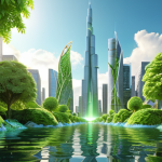**Sustainable Growth & Harmony:** A harmonious blend of financial prosperity and ecological well-being. Golden, upward-trending stock market charts and digital interfaces subtly merge with vibrant green leaves, blooming plants, and flowing clean water. The background features a futuristic, sustainable city skyline with renewable energy sources. The overall mood is optimistic, stable, and represents long-term growth. High detail, volumetric lighting, photorealistic, symbolic.