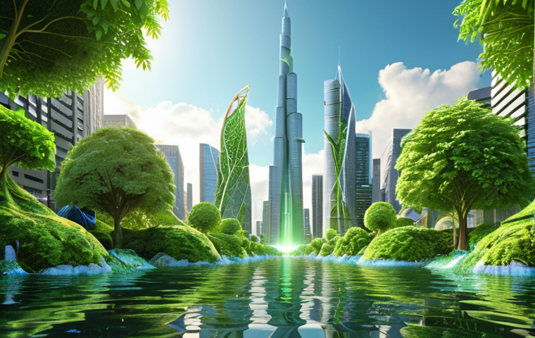 **Sustainable Growth & Harmony:** A harmonious blend of financial prosperity and ecological well-being. Golden, upward-trending stock market charts and digital interfaces subtly merge with vibrant green leaves, blooming plants, and flowing clean water. The background features a futuristic, sustainable city skyline with renewable energy sources. The overall mood is optimistic, stable, and represents long-term growth. High detail, volumetric lighting, photorealistic, symbolic.