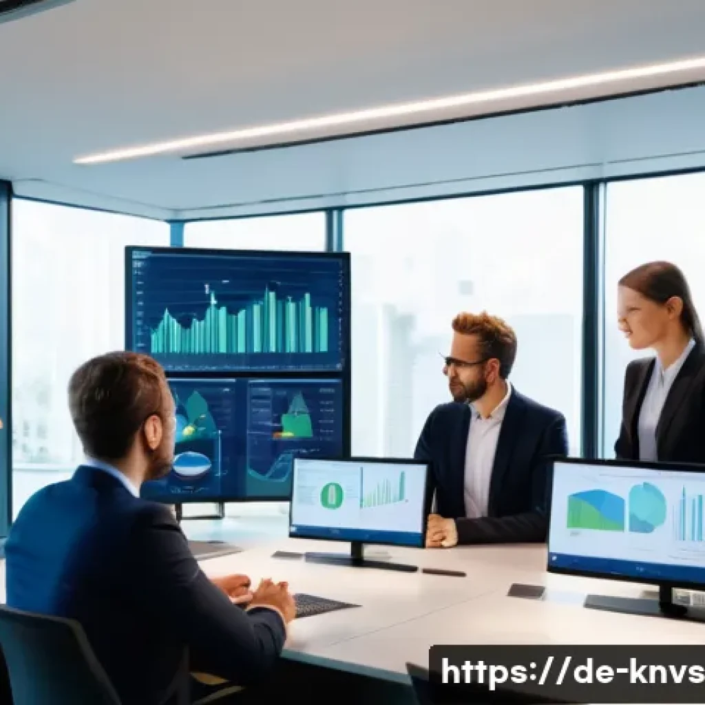 윤리적 투자에서의 데이터 활용법 - A professional business meeting scene in a modern German office, diverse group of investors and anal...