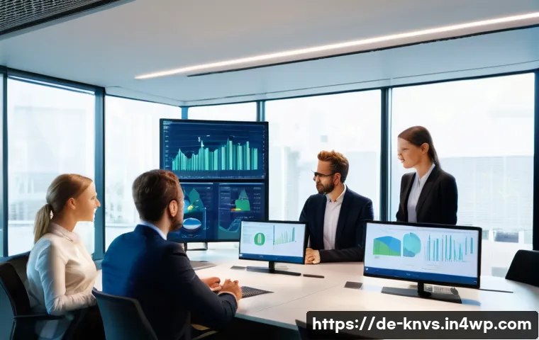 윤리적 투자에서의 데이터 활용법 - A professional business meeting scene in a modern German office, diverse group of investors and anal...