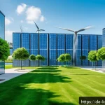 Home 19 윤리적 투자와 디지털 자산 - A futuristic urban setting showcasing a green blockchain data center powered by solar panels and win...