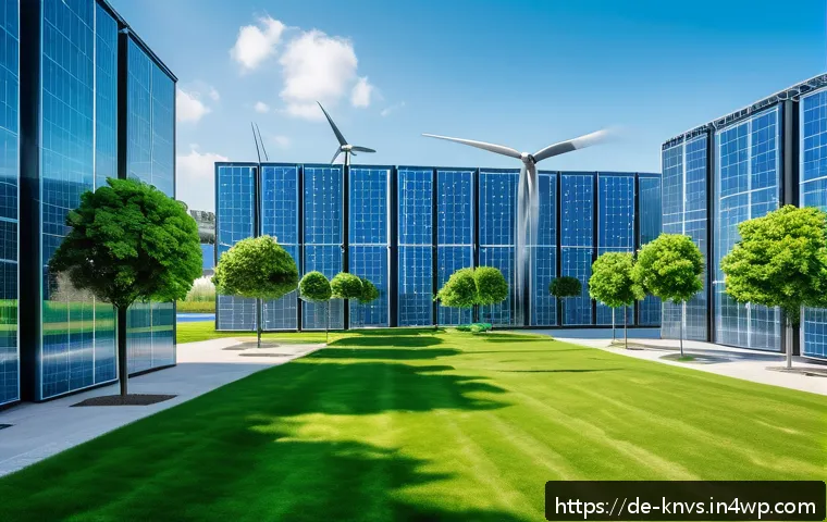 윤리적 투자와 디지털 자산 - A futuristic urban setting showcasing a green blockchain data center powered by solar panels and win...
